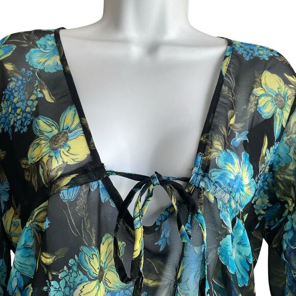 Rima Beachworld Women Top S Blue Floral Light Sheer Beachy Coverup Tropical Boho - Picture 8 of 8